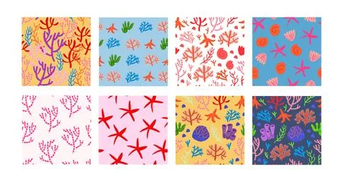 Pattern bundle with underwater world patterns, coral reefs, sea star, seashell Stock Illustration