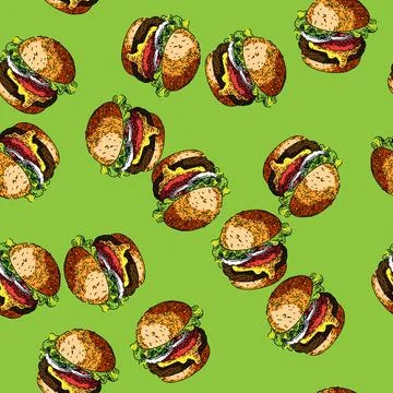 Pattern burger hamburger food sketch hand drawn Stock Illustration