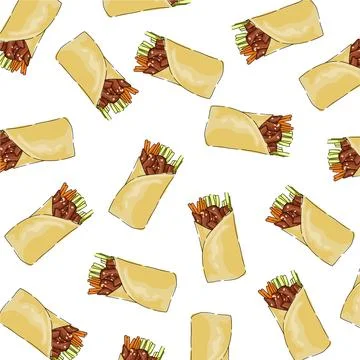 A pattern of burritos with meat ,sesame sees and sliced vegetables. Healthy snac 库存插图
