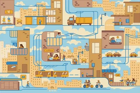 Pattern of busy city life Stock Illustration