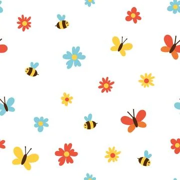 Pattern with butterflies and flowers on a white background Stock Illustration