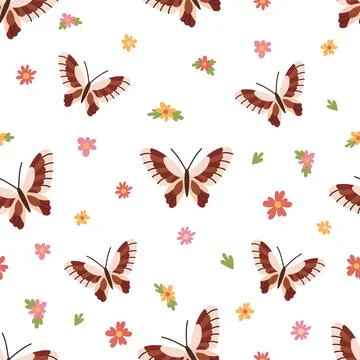 Pattern with butterflies and flowers on a white background Stock Illustration