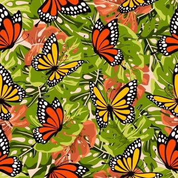 Pattern with butterflies and leaves Stock Illustration