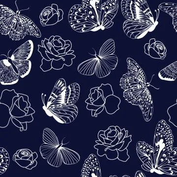Pattern butterflies and roses on dark blue background. Stock Illustration