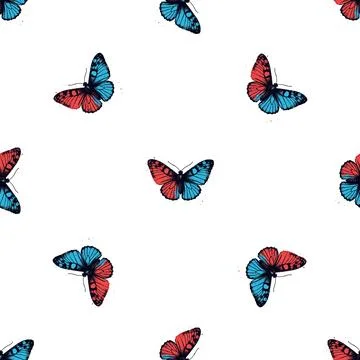 A pattern of butterflies with blue and red wings Stock Illustration