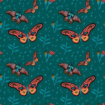 A pattern with butterflies on a dark background of nature. Pattern with Stock Illustration
