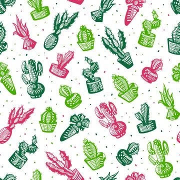 A Pattern with Cacti on a white background. Cacti in flower Pots Stock Illustration