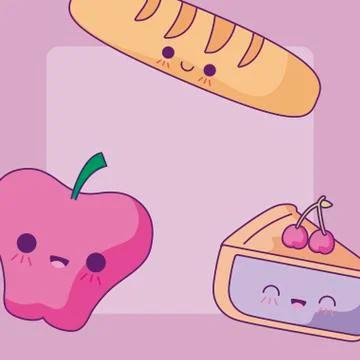 Pattern of cake slice with apple and bread kawaii 스톡 일러스트