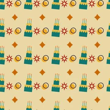 A pattern of cakes and candles on a yellow background Stock Illustration