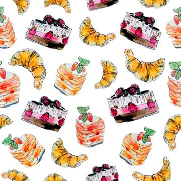 Pattern with cakes and croissants Stock Illustration