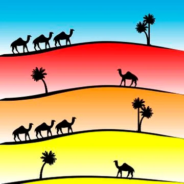 Pattern with camels and palms at sunset Stock Illustration
