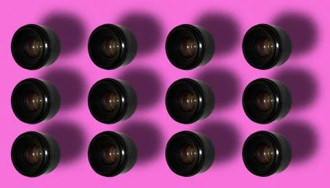 Pattern with camera lenses with a shadow on a pink background. Stock-Fotos