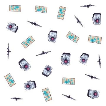 Pattern of camera with map paper and airplane Stock Illustration
