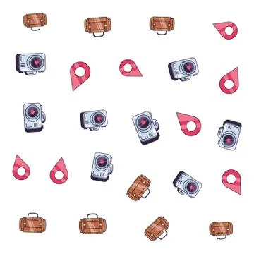 Pattern of camera with suitcase and pin location Stock Illustration
