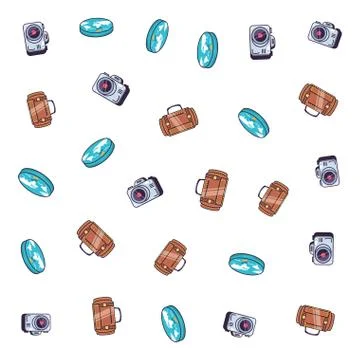 Pattern of camera with suitcase and planet earth Illustrazione stock