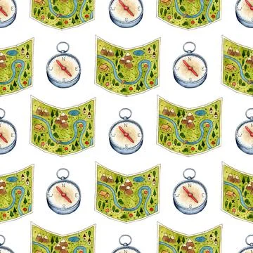 Pattern camping map and compass watercolor Stock Illustration