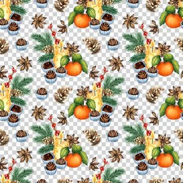 Pattern candle mandarin candy spruce watercolor Stock Illustration