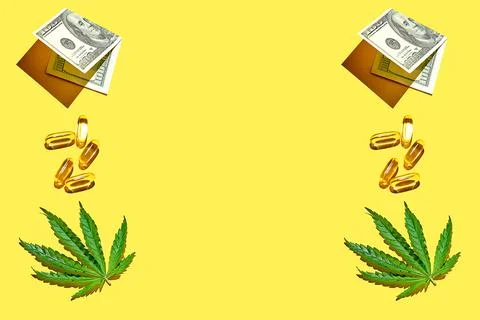 Pattern with cannabis leaf, one hundred dollar bill, and yellow transparent p Stock Photos