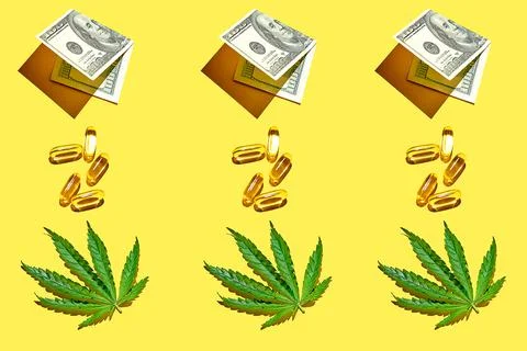 Pattern with cannabis leaf, one hundred dollar bill, and yellow transparent p Stock Photos