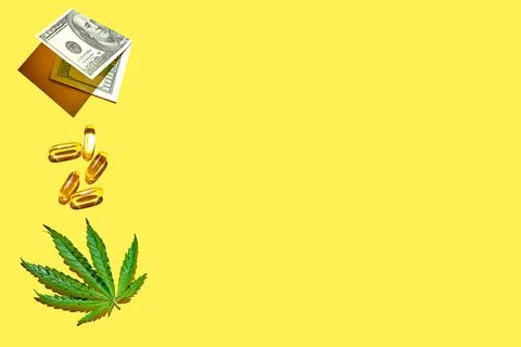 Pattern with cannabis leaf, one hundred dollar bill, and yellow transparent p Stock Photos