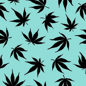 Pattern of cannabis leaves on a blue background. Black hemp leaves Stock Illustration