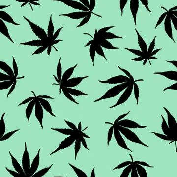 Pattern of cannabis leaves on a green background. Black hemp leaves Stock Illustration