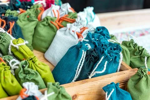 Pattern canvas multi-colored bag blue, green and white filled with healing Stock Photos