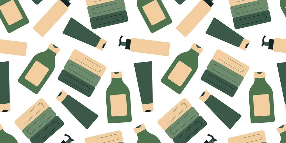 Pattern of caring cosmetics and towels. Tube and bottles. Seamless print shampoo Stock Illustration