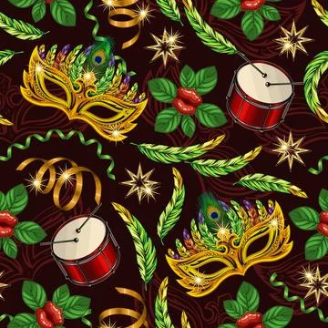 Pattern with carnival mask, feathers, drums, stars, serpentine, flower like l Stock Illustration
