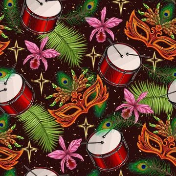 Pattern with carnival mask, feathers, drums, stars, tropical leaves, orchid Stock Illustration