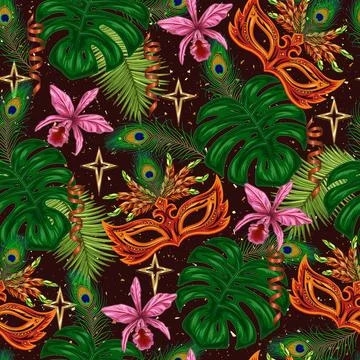 Pattern with carnival mask, feathers, stars, tropical leaves, orchid flower. Stock Illustration