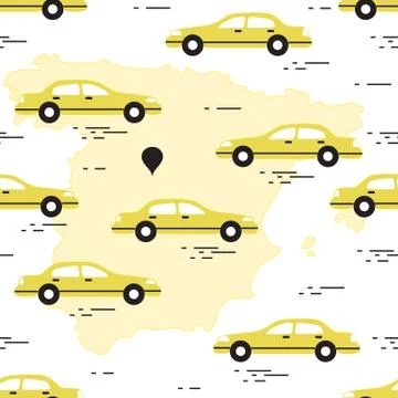 Pattern with cars and map of Spain. Travel and leisure. Stock Illustration