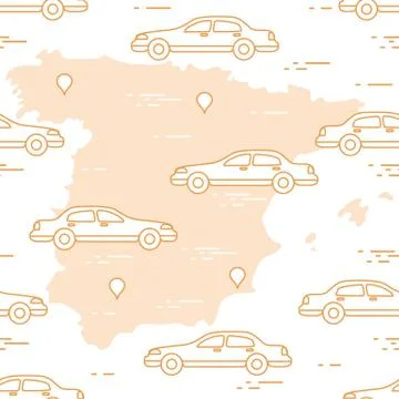 Pattern with cars and map of Spain. Travel and leisure. Stock Illustration