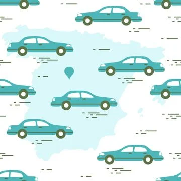 Pattern with cars and map of Spain. Travel and leisure. Stock Illustration