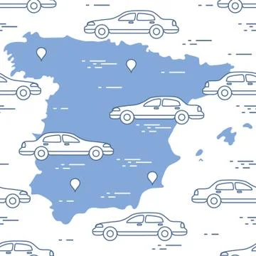 Pattern with cars and map of Spain. Travel and leisure. Stock Illustration