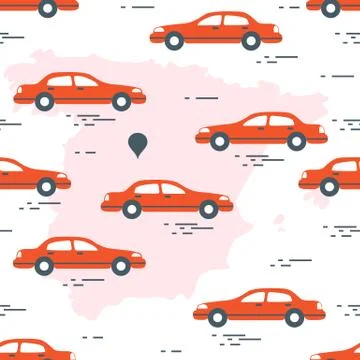 Pattern with cars and map of Spain. Travel and leisure. Stock Illustration