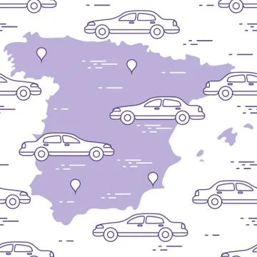Pattern with cars and map of Spain. Travel and leisure. 스톡 일러스트