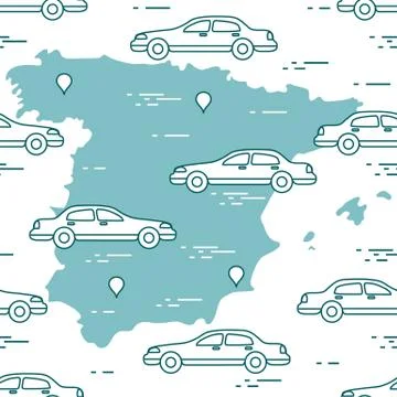 Pattern with cars and map of Spain. Travel and leisure. Illustrazione stock