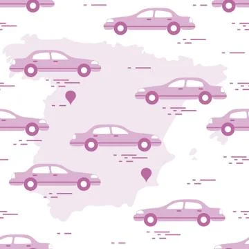 Pattern with cars and map of Spain. Travel and leisure. 스톡 일러스트