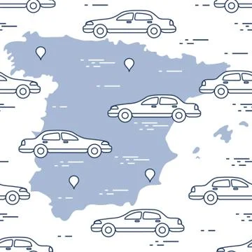 Pattern with cars and map of Spain. Travel and leisure. Stock Illustration
