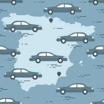 Pattern with cars and map of Spain. Travel and leisure. Stock Illustration