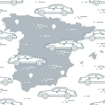 Pattern with cars and map of Spain. Travel and leisure. Stock Illustration