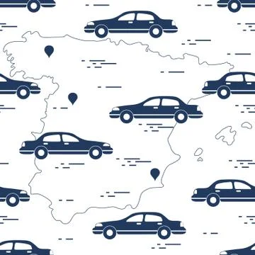 Pattern with cars and map of Spain. Travel and leisure. Stock Illustration