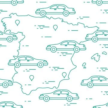 Pattern with cars and map of Spain. Travel and leisure. Stock Illustration