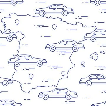 Pattern with cars and map of Spain. Travel and leisure. Illustrazione stock