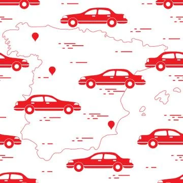 Pattern with cars and map of Spain. Travel and leisure. Illustrazione stock