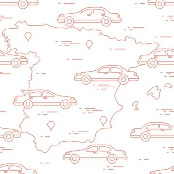 Pattern with cars and map of Spain. Travel and leisure. Stock Illustration