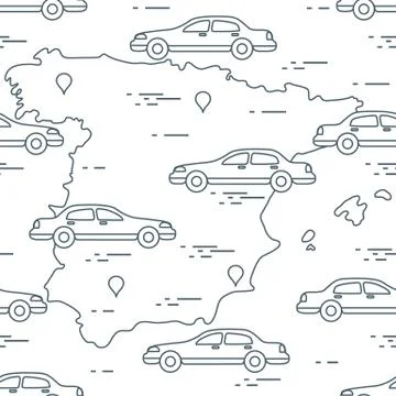Pattern with cars and map of Spain. Travel and leisure. 스톡 일러스트