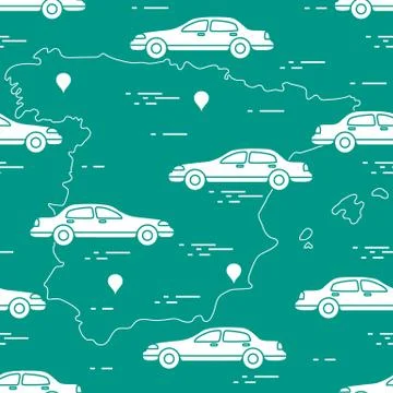 Pattern with cars and map of Spain. Travel and leisure. 스톡 일러스트