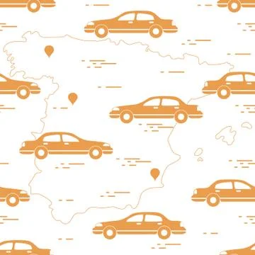 Pattern with cars and map of Spain. Travel and leisure. イラスト素材